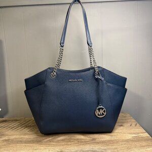 MICHAEL KORS Jet Set Chain Tote Shoulder Bag In Navy Blue Leather